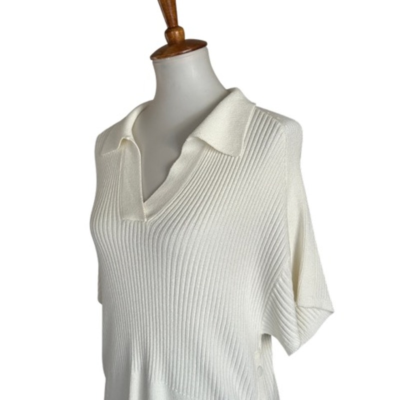 Rag & Bone Ribbed Knit Polo Top Cream Viscose Johnny Collar Snap Side Detail